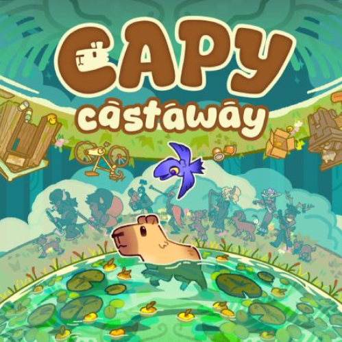 Ilustración digital promocional del videojuego Capy Castaway. Muestra a una pequeña capibara nadando en un estanque rodeado de nenúfares, con un cuervo azul volando encima y una procesión de animales tocando instrumentos musicales de fondo, bajo el logotipo del juego en letras marrones y blancas.