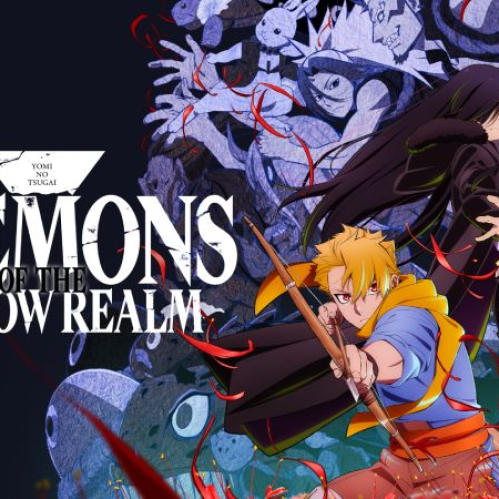 Ilustración promocional con dos personajes en poses dinámicas rodeados de energía roja y figuras sombrías, evocando acción sobrenatural y fantasía oscura.