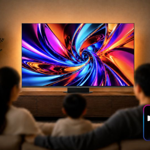 Imagen promocional del lanzamiento de Dolby Vision 2 en televisores Hisense. En el centro se observa una pantalla inteligente retroiluminada mostrando una imagen abstracta con espirales de luz en colores azul, naranja y violeta, frente a una familia sentada en un sofá. En la esquina inferior derecha aparece el logotipo oficial "Dolby Vision 2" en blanco con bordes degradados.