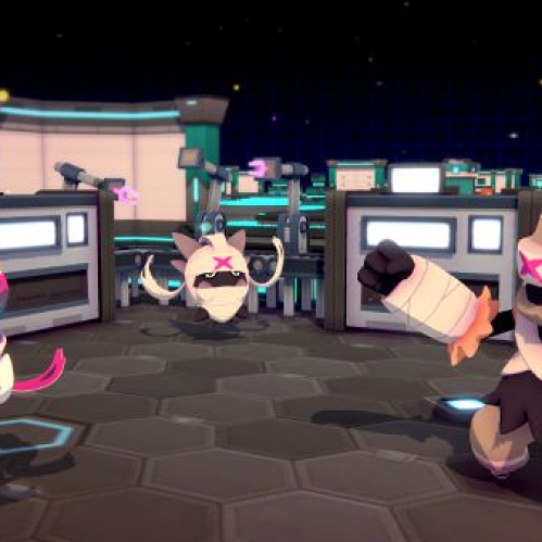 Tres criaturas de Temtem Swarm en un entorno futurista enfrentándose en combate dentro de una arena tecnológica.