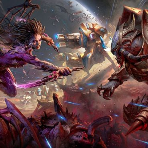 Ilustración de una batalla épica entre fuerzas alienígenas y guerreros futuristas en un entorno de ciencia ficción.