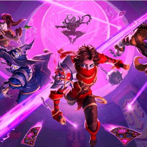 Cuatro personajes avanzan entre energía arcana mientras un círculo mágico domina el fondo.