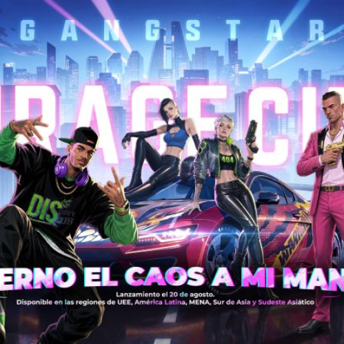 Cuatro personajes posan frente a una ciudad futurista iluminada, acompañados por un vehículo deportivo de diseño llamativo.