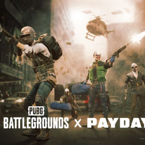 Arte promocional con personajes armados en un entorno urbano, representando la colaboración entre PUBG y PAYDAY.