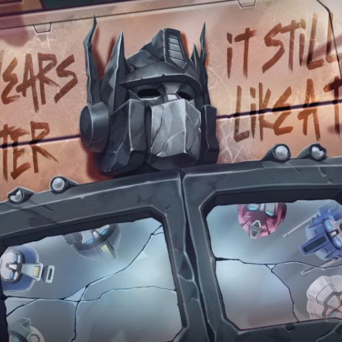 Ilustración conmemorativa estilo grafiti sobre una pared metálica de un vehículo robótico en tonos grises. En la pared se lee en letras rojas la frase "40 YEARS LATER" del lado izquierdo y "IT STILL HITS LIKE A TRUCK" del lado derecho. Al centro sobresale el casco gris de estilo piedra de Optimus Prime. En la parte inferior, las ventanas del parabrisas del pecho del Autobot están agrietadas y muestran reflejos de los rostros de varios Transformers clásicos. En la esquina superior derecha se observa el icónico emblema Autobot grabado en el metal.
