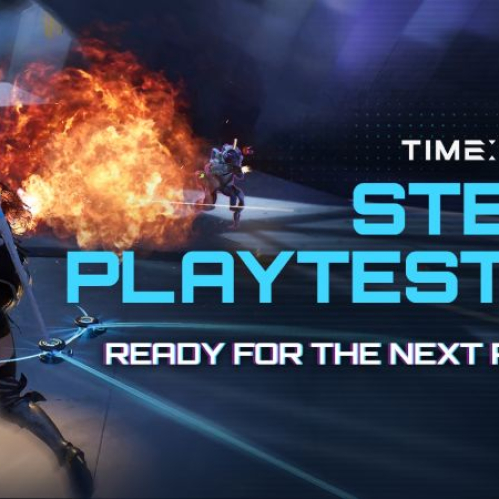 Imagen promocional con fondo oscuro y destellos de fuego a la izquierda, mostrando a una personaje de espaldas con alas mecánicas futuristas disparando en un entorno urbano. Al lado derecho se lee en letras grandes y azules el texto TIME TAKERS STEAM PLAYTEST #2 junto al letrero READY FOR THE NEXT ROUND?.