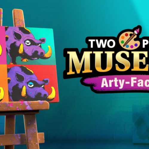 Arte promocional con un lienzo dividido en cuatro cuadros de estilo pop art y el logotipo de “Two Point Museum: Arty‑Facts”.