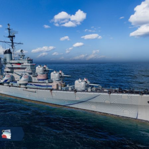 Escena naval de World of Warships con buques de guerra en combate sobre el océano.