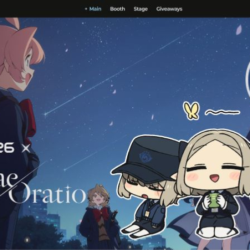 Captura de pantalla del sitio web oficial de Astrae Oratio para Tokyo Game Show 2026 que muestra una ilustración al estilo anime con un fondo nocturno iluminado por estrellas y la Torre de Tokio, acompañada por ilustraciones en estilo chibi de personajes con uniformes.