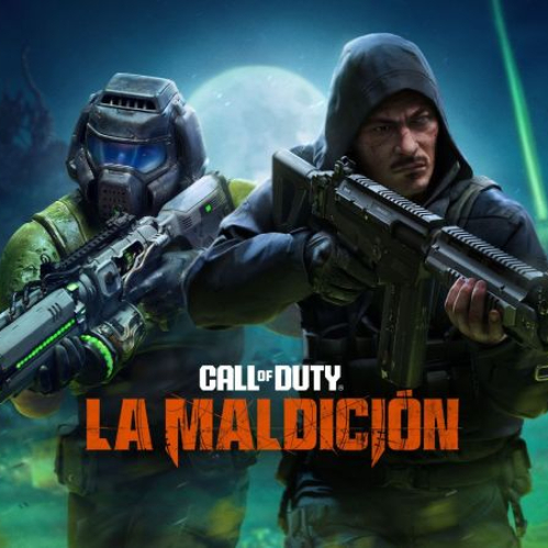 Arte promocional de Call of Duty: Black Ops 7 y Warzone titulado La Maldición, donde aparece el Doom Slayer portando un arma junto a un operador táctico encapuchado sobre un fondo nocturno con una luna llena y tentáculos.