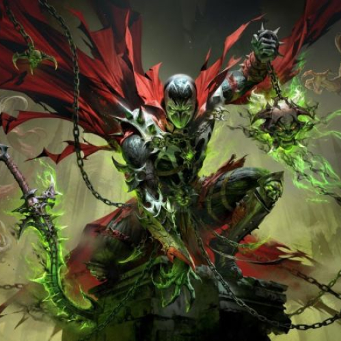 Ilustración de Spawn agazapado con su icónica capa roja ondeante y cadenas, sosteniendo una maza con aura verde fosforescente en un entorno de catedral oscura habitado por demonios de Santuario de Diablo Immortal.