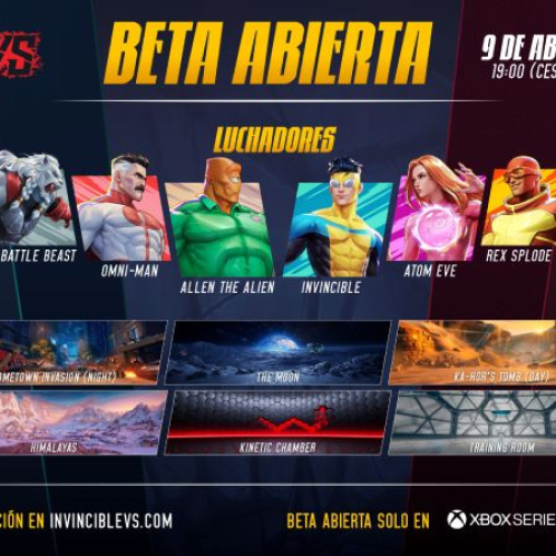Póster promocional con personajes del universo Invincible y la información de la Beta Abierta, incluyendo fechas, luchadores disponibles y arenas.
