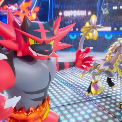 Combate entre Pokémon en un estadio con efectos visuales dinámicos dentro de Pokémon Champions