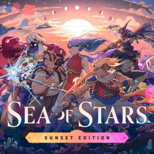 Ilustración de un grupo de héroes en un paisaje fantástico iluminado por un atardecer vibrante.