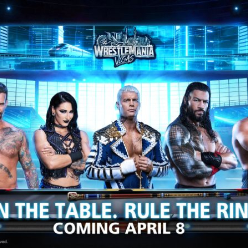 Superestrellas de WWE en una arena digital con temática de billar promocionando colaboración con 8 Ball Pool