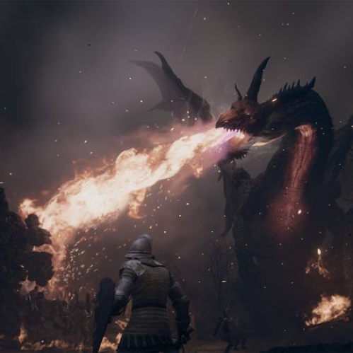 Un caballero con escudo y espada enfrenta a un dragón que lanza fuego en un entorno oscuro y lleno de llamas.