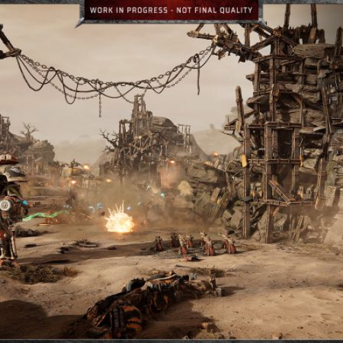 Escena de combate futurista con unidades mecanizadas y soldados en un entorno devastado, perteneciente al universo de Warhammer 40,000.