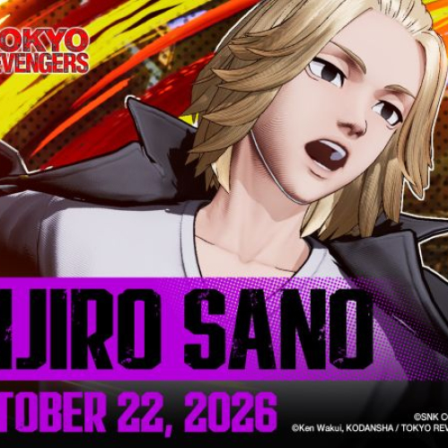 Arte promocional del videojuego FATAL FURY: City of the Wolves con Manjiro "Mikey" Sano en una pose de acción, mostrando el logotipo de la colaboración con Tokyo Revengers y la fecha de lanzamiento para el 22 de octubre de 2026.  