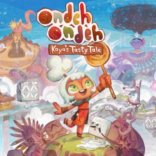 Ilustración promocional en estilo acuarela de Ondeh Ondeh Kaya's Tasty Tale que muestra a la joven Kaya sonriendo con su cuchara en alto junto a místicas criaturas y gigantes en un paisaje flotante del sudeste asiático.  