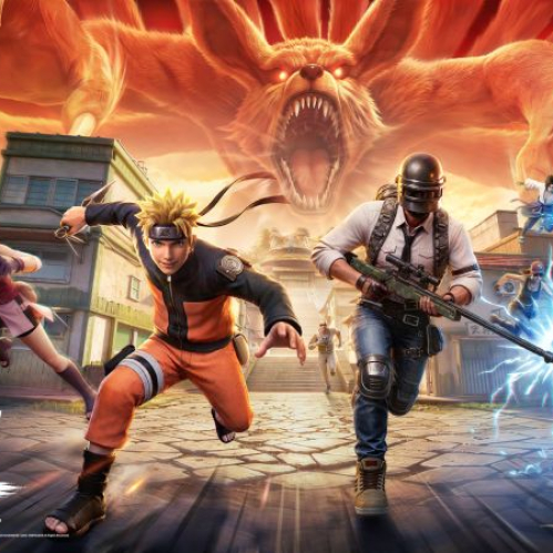 Arte promocional con personajes de Naruto Shippuden y un soldado de PUBG MOBILE en un entorno urbano temático.