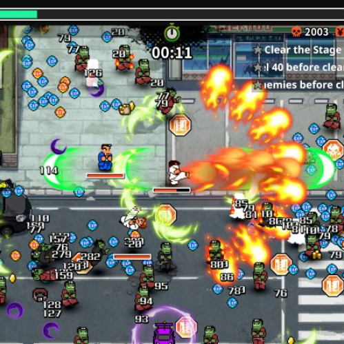 Captura de pantalla del videojuego River City Survivors: Downtown of the Dead en visión cenital, mostrando al personaje principal ejecutando un ataque de fuego contra una gran masa de zombis verdes rodeados de gemas de experiencia e interfaz de nivel.