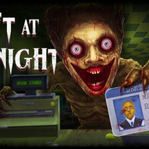Ilustración de terror con una criatura humanoide detrás de una caja registradora en una tienda nocturna, sosteniendo una identificación mientras observa al jugador.