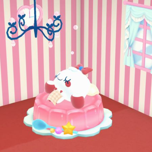 Personaje rosado dormido sobre un postre decorado en un entorno colorido y acogedor.