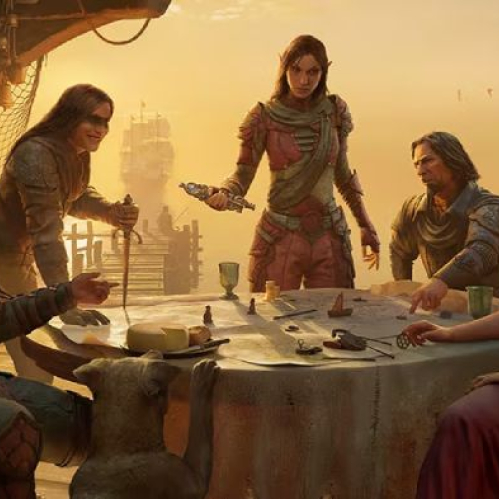 Grupo de jugadores reunidos alrededor de una mesa en un entorno de fantasía, con piezas y elementos de juego de rol.