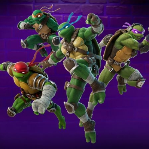 Las cuatro Tortugas Ninja saltando en posición de ataque