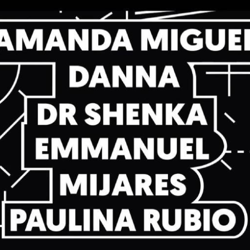 Imagen con fondo oscuro y trazos geométricos blancos que enmarcan una lista de seis artistas destacados, presentada en un recuadro central con tipografía clara y contrastante.