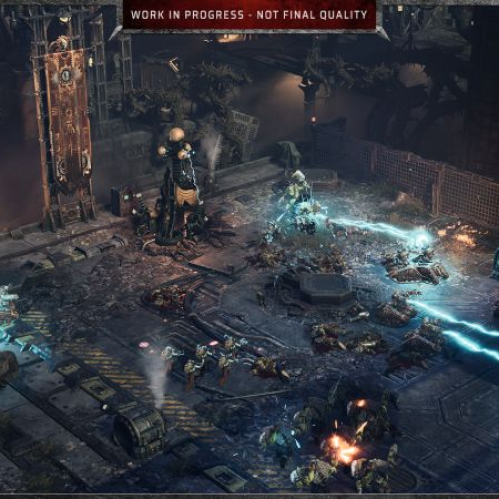 Captura de pantalla en desarrollo (Work in Progress) de Warhammer 40,000: Dawn of War IV en entorno industrial sombrío, mostrando a unidades Orks y Necrons cruzando disparos de plasma y energía en pleno combate táctico.