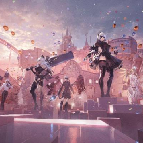 Escena con varios personajes de estética futurista y elementos mecánicos en poses dinámicas, suspendidos sobre una ciudad fantástica iluminada por tonos rosados y violetas, con estructuras arquitectónicas detalladas y cristales flotando en el cielo.