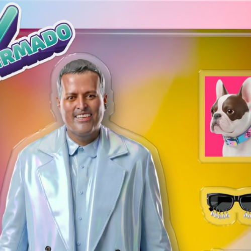 Figura estilizada de Aldo Rendón en una composición visual colorida, acompañada de accesorios representativos y estética de anuncio promocional.