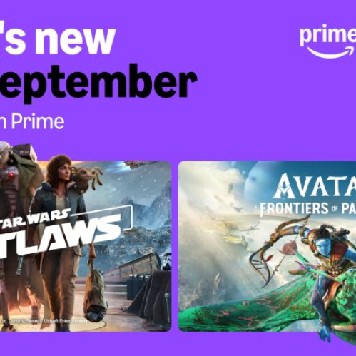 Promocional gráfico morado con el texto What's new this September Included with Prime de Amazon Luna, mostrando portadas de Star Wars Outlaws y Avatar Frontiers of Pandora.