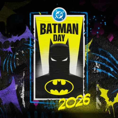 Cartel oficial del Batman Day 2026 con fondo estilo grafiti en tonos amarillos, morados y azules. Al centro aparece la sombra del casco de Batman en un marco amarillo junto con el logotipo clásico del murciélago de DC Comics y la leyenda Batman Day 2026.