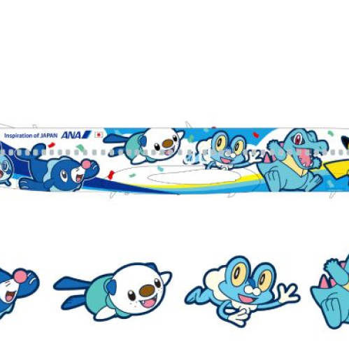 Ilustración del lateral de un avión Boeing 737-800 de All Nippon Airways con diseño temático de Pokémon, que incluye a Pikachu y criaturas de tipo agua como Sobble, Popplio, Oshawott, Froakie y Totodile sobre un fondo blanco con confeti. En la parte inferior se muestran las ilustraciones individuales de cada personaje.