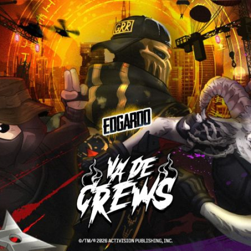 Ilustración digital de los creadores de contenido Hisoka, Edgardo y Exótico representados como guerreros con elementos tácticos, un gorro, una gorra con la leyenda GRR y cuernos de cabra sobre un fondo amarillo y morado con el logo Va de Crews.