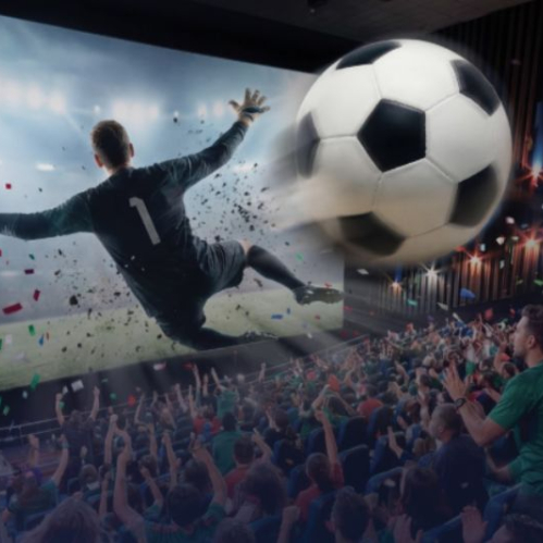 Aficionados celebrando un partido de futbol proyectado en una sala de cine.