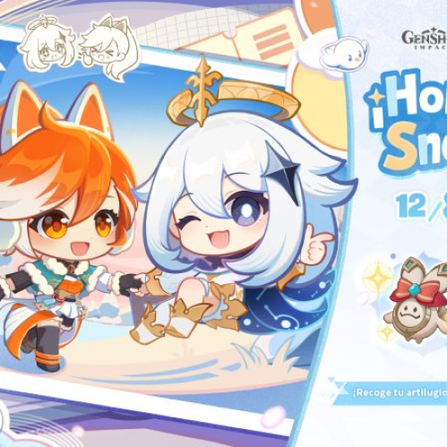 Arte promocional oficial de la colaboración "¡Hora de Snezhnaya!" entre Genshin Impact y Crunchyroll. En el lado izquierdo muestra una ilustración tipo marco fotográfico con Paimon guiñando el ojo al lado de una viajera vestida con atuendo invernal entre la nieve y un muñeco de nieve. En el lado derecho se ven los logotipos de ambas marcas, la fecha del evento del 12 de agosto al 22 de septiembre, y los iconos de la mascota Neo Terminal, Protogemas, Mora y materiales de mejora.