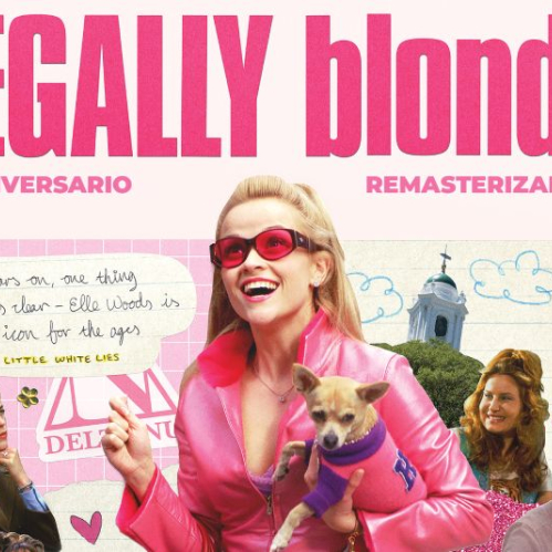 Protagonista rubia en atuendo rosa posando con su perro en un diseño conmemorativo del 25 aniversario.