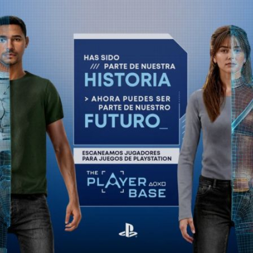 Dos personas con representación digital parcial mostrando el proceso de escaneo para integrarse en videojuegos de PlayStation.