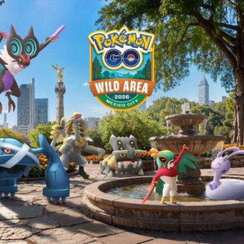 Ilustración del evento Pokémon GO Wild Area 2026 Mexico City mostrando a Noivern, Metagross, Kommo-o, Shieldon, Hawlucha, Sliggoo de Hisui y Duraludon frente a monumentos emblemáticos del Paseo de la Reforma como el Ángel de la Independencia.