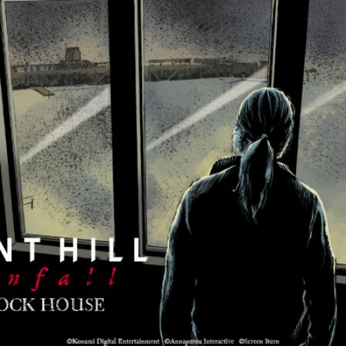 Ilustración en tonos oscuros y amarillos de una persona de espaldas mirando por una ventana metálica hacia un muelle bajo la niebla, con el logotipo de Silent Hill Townfall The Dock House y el sello de 2000 AD.