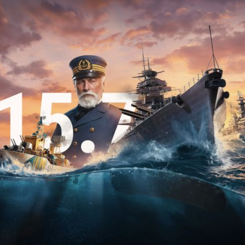 Arte promocional oficial de la actualización 15.7 de World of Warships. Muestra en el centro la figura de un comandante naval con gorra e insignia sobre el texto "15.7", flanqueado por acorazados y destructores surcando un mar embravecido con el cielo al atardecer en tonos rojizos y anaranjados.