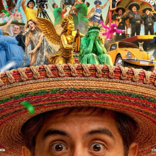 Póster oficial de la película en formato horizontal sobre un fondo amarillo vivo. En la parte inferior destaca el primer plano de los ojos y la frente del comediante Daniel Sosa portando un sombrero charro gigante de paja. Sobre la copa y ala del sombrero se despliega una abarrotada escena surrealista: a la izquierda, una quinceañera con vestido azul esponjoso y sus invitados; al centro, cantantes, estatuas doradas y la Estatua de la Libertad sosteniendo una cerveza; a la derecha, un taxi vocho amarillo, mariachis en una trajinera, niños corriendo tras un trompo de pastor, un ajolote rosa y un perro volando. Abajo a la derecha se observa el logotipo de Cinépolis Distribución.