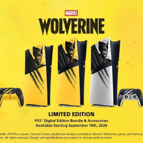 Imagen publicitaria oficial de la colección de edición limitada de Marvel's Wolverine para PlayStation 5 sobre un fondo amarillo brillante. Muestra tres consolas PS5 con cubiertas ilustradas con el rostro enfurecido de Wolverine y marcas de garras (dos en tono amarillo Battle Yellow y una en tono blanco y metálico Adamantium), flanqueadas por dos controles inalámbricos DualSense a juego.