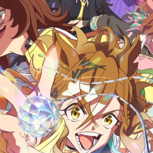 Ilustración animada con personajes en un entorno de competencia, destacando una figura central que sostiene un cristal multicolor.