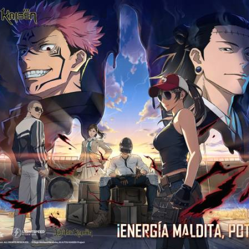 Ilustración promocional que muestra personajes de Jujutsu Kaisen junto a avatares de PUBG MOBILE en un entorno de batalla, con efectos de energía y un cielo teñido por tonos cálidos.