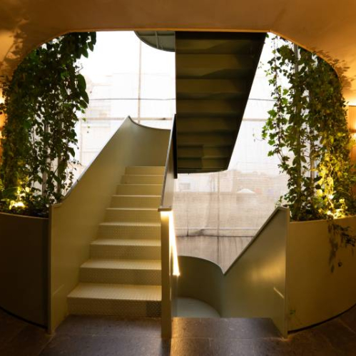 Escalera central de diseño moderno rodeada de jardineras curvas con vegetación alta, iluminación cálida y acabados en madera que enmarcan un ambiente interior armónico.