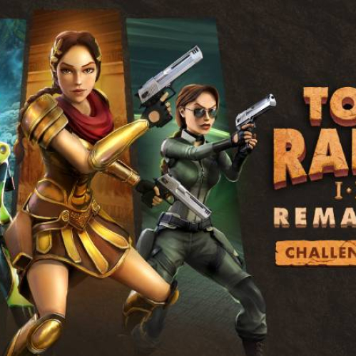 Composición con tres versiones estilizadas de Lara Croft en distintas poses y atuendos, cada una asociada a escenarios temáticos que evocan las primeras entregas de la saga.